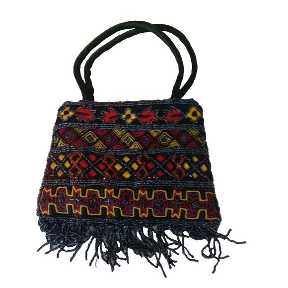 Vintage Beaded Clutch Bag Purse Handbag Black Red Yellow Beaded Fringe - Picture 6 of 6